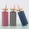 1pc 16oz Bamboo Lid And Straw Silicon Rubber Case Borosilicate Colored Water Bottles Glass - Pink 16oz