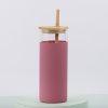 1pc 16oz Bamboo Lid And Straw Silicon Rubber Case Borosilicate Colored Water Bottles Glass - Pink 16oz