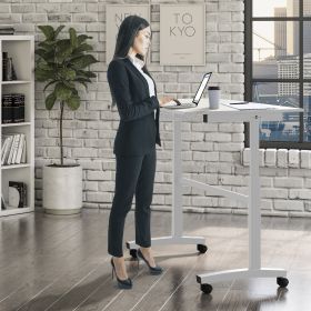 Height Adjustable Desk, Durable Laminate Top, Hand Crank, Casters, Powder Coated Steel Frame in White - as Pic