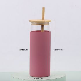 1pc 16oz Bamboo Lid And Straw Silicon Rubber Case Borosilicate Colored Water Bottles Glass - Pink 16oz